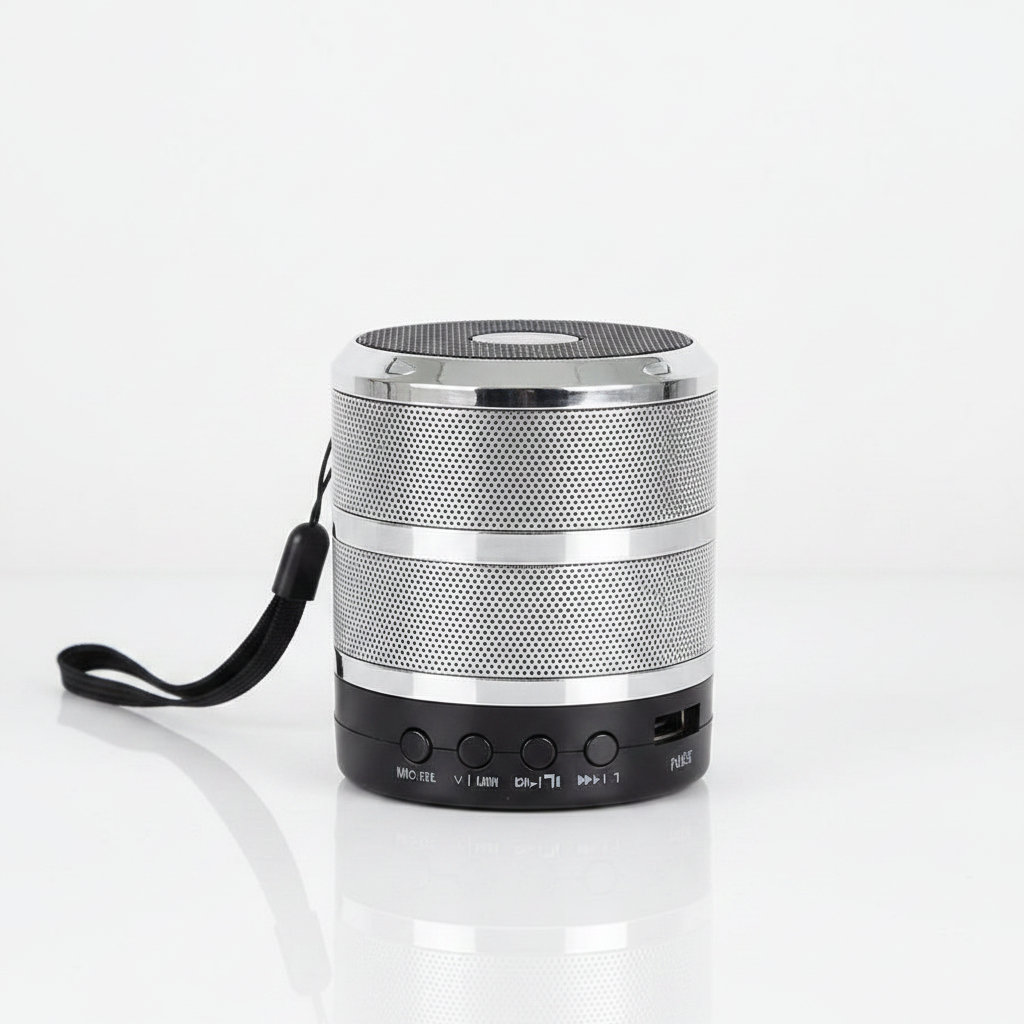 MZ WS-887 silver mini wireless speaker studio shot