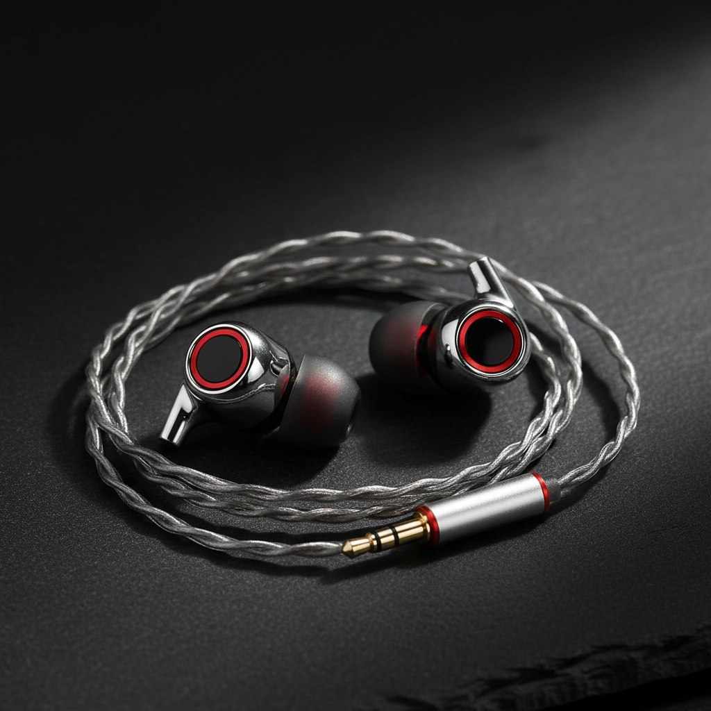 JX-20 premium metallic earphones lifestyle shot on dark surface