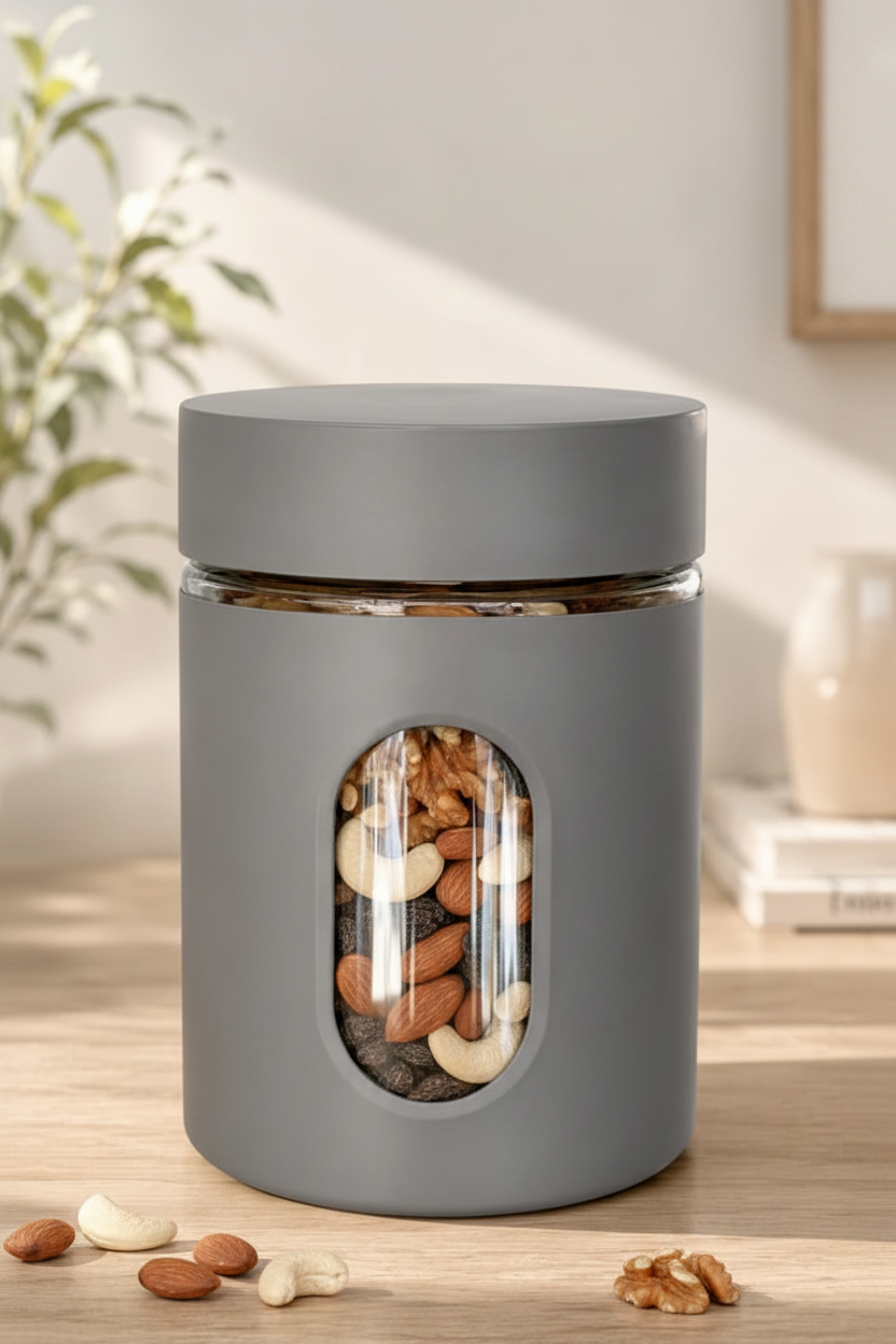 Glass window canister filled with mixed dry fruits