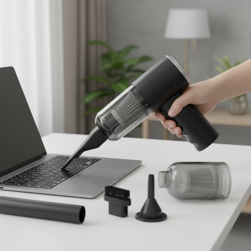 Mini vacuum cleaner cleaning keyboard on a desk