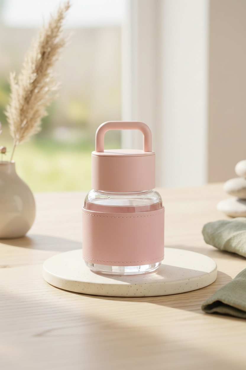 Pink Glass Bottle – Cute Mini Water Bottle with Handle & Leather Sleeve