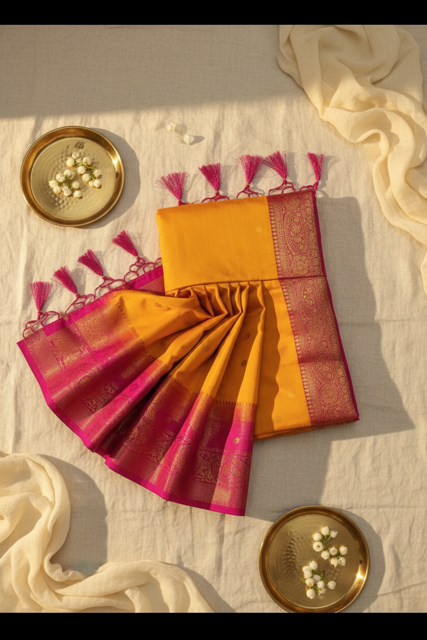 Manipuri Silk Saree – Saffron Yellow with Magenta Zari Border